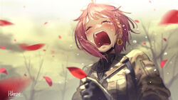  artist_name bare_tree big_boss big_boss_(cosplay) black_gloves blurry blush braid camouflage closed_eyes commentary cosplay crying depth_of_field earrings female fingerless_gloves flower flower_earrings gloves hikosan honma_himawari jewelry metal_gear_(series) metal_gear_solid_3:_snake_eater military military_uniform nijisanji open_mouth outdoors parody petals pink_hair sad short_hair signature sobbing solo sunflower tactical_clothes tree uniform upper_body virtual_youtuber 