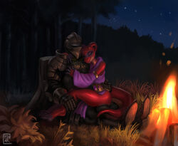  anthro armor belt bottomless campfire clothed clothing curved_horn duo ethrk female forest horn hug human knight kobold magic_user male mammal night plant purple_clothing purple_robe red_body red_eyes red_horn red_skin robe romantic romantic_ambiance romantic_couple scalie sitting tree warrior 