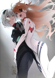  2girls absurdres ayanami_rei black_bodysuit blue_eyes blue_hair bodysuit breasts brown_hair evangelion:_3.0+1.0_thrice_upon_a_time eyepatch gloves gradient_background hair_ornament highres hug hug_from_behind interface_headset long_hair long_sleeves looking_at_viewer medium_breasts multiple_girls neon_genesis_evangelion official_art plugsuit rebuild_of_evangelion red_eyes scan short_hair simple_background skin_tight smile souryuu_asuka_langley tanaka_masayoshi white_bodysuit 