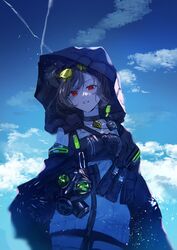  breasts choker cloud cloudy_sky commentary_request commission double_bun female gas_mask girls&#039;_frontline hair_bun hood hood_up karanagare light_brown_hair mask medium_breasts p90_(girls&#039;_frontline) red_eyes skeb_commission sky solo 