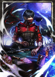  1boy bandaged_arm bandages black_eyes black_hair blood bottle constellation cygnus_(constellation) drawing_(object) ear_piercing earrings eu_(euspia) full_moon glass highres hood hood_down hoodie jewelry korean_commentary lee_changryul letter looking_at_viewer male_focus mask moon novel_illustration official_art piercing purple_moon red_mask regressor&#039;s_instruction_manual scissors short_hair sky sleeves_rolled_up solo star_(sky) starry_sky two-tone_hoodie vial zipper zipper_pull_tab 