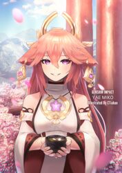  artist_name blush breasts character_name cloud commentary copyright_name ctiahao cup detached_sleeves dress female genshin_impact hair_between_eyes highres holding holding_cup medium_breasts mountain parted_lips petals pink_hair purple_eyes sky solo white_dress yae_miko 