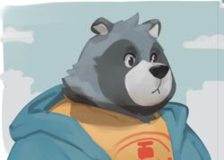  2020 anthro biped bust_portrait canid canine clothed clothing cyanroll fur grey_body grey_fur hoodie male mammal outside portrait raccoon_dog shirt simple_background solo tanuki topwear 