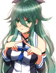  absurdres black_ribbon black_serafuku blue_neckerchief blue_neckwear blue_ribbon breasts choker detached_sleeves female green_eyes green_hair hair_between_eyes hair_ornament hair_ribbon hairclip highres kantai_collection lips long_hair medium_breasts neckerchief ponytail ribbon school_uniform serafuku shigatsu_(soratobuusagi) simple_background solo upper_body white_background white_choker yamakaze_(kancolle) 