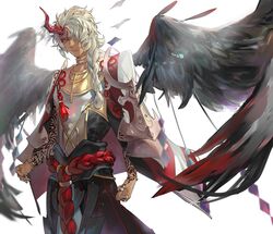  1boy 45662312 arm_tattoo bad_id bad_pixiv_id black_wings braid dark-skinned_male dark_skin demon demon_boy demon_horns fate/grand_order fate_(series) feathered_wings feathers feet_out_of_frame highres horns jewelry light_particles light_smile long_hair looking_at_viewer male_focus multiple_rings red_horns ring simple_background single_horn smile solo solomon_(fate) tattoo very_long_hair white_background white_hair wings yellow_eyes 