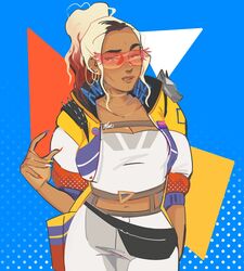  apex_legends bad_id bad_twitter_id blonde_hair blue_background breasts collarbone cosplay crypto_(apex_legends) crypto_(apex_legends)_(cosplay) dark-skinned_female dark_skin fanny_pack female forehead gold_choker hair_behind_ear hype_beast_crypto jacket large_breasts loba_(apex_legends) looking_at_viewer navel pants parted_lips red-tinted_eyewear solo spikes streetwear sunglasses tinted_eyewear valiintine white_pants yellow_jacket 