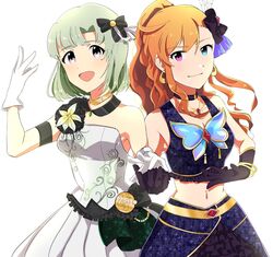  2girls :d bare_shoulders black_gloves blue_eyes blush collarbone commentary dress earrings gloves green_hair grey_eyes hair_ribbon heterochromia highres idolmaster idolmaster_(classic) idolmaster_one_for_all idolmaster_stella_stage jewelry leon_(idolmaster) long_hair looking_at_viewer midriff mole mole_under_eye multiple_girls navel necklace open_mouth orange_hair ponytail purple_eyes purple_shirt purple_skirt ribbon shiika_(idolmaster) shirt short_hair skirt sleeveless sleeveless_dress sleeveless_shirt smile strapless strapless_dress white_background white_dress white_gloves yoshino_(jakusansei) 