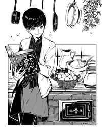  basket book brick_oven closed_mouth female fingernails greyscale holding holding_book jar kaworu_(kaw_lov) leaning monochrome open_book original oven plant pot sack short_hair signature skirt smile solo 