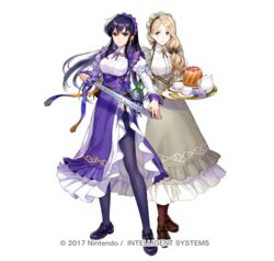  2girls apron asatani_tomoyo ayra_(fire_emblem) ayra_(tea_party)_(fire_emblem) black_footwear black_hair blonde_hair breasts brown_footwear brown_pantyhose commentary_request cup dress fire_emblem fire_emblem:_genealogy_of_the_holy_war fire_emblem:_three_houses fire_emblem_heroes flower frilled_apron frills full_body grey_apron holding holding_sword holding_tray holding_weapon juliet_sleeves loafers long_hair long_sleeves looking_at_viewer maid maid_headdress medium_breasts mercedes_von_martritz mercedes_von_martritz_(tea_party) multiple_girls official_alternate_costume official_art pantyhose puffy_sleeves purple_apron purple_eyes purple_flower purple_pantyhose purple_rose rose shoes simple_background smile standing sword teacup teapot tray very_long_hair waist_apron weapon white_background white_dress 