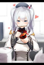  beret blue_eyes blush chopsticks chopsticks_in_mouth commentary_request epaulettes female hat heart kantai_collection kashima_(kancolle) letterboxed long_hair long_sleeves meth_(emethmeth) neckerchief red_neckerchief solo two_side_up upper_body white_hair 