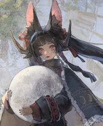  animal_ear_fluff animal_ears black_hair black_nails cloak female fingernails fur_trim holding horizontal_pupils horns jewelry kurikabacha long_hair moon necklace original outdoors parted_lips red_eyes solo twintails 