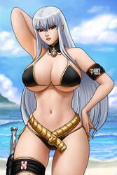  arm_up armpits bare_shoulders beach belt bikini black_bikini blue_sky breasts cleavage cloud commentary day detached_collar female grey_hair hair_between_eyes iury_padilha large_breasts long_hair looking_at_viewer navel red_eyes sand selvaria_bles senjou_no_valkyria_(series) senjou_no_valkyria_1 shore sky solo standing swimsuit thigh_strap underboob water waves weapon 