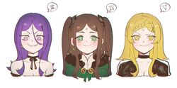  3girls absurdres bare_shoulders blonde_hair braid braided_bangs brown_hair chibi choker collarbone commentary drag-on_dragoon drag-on_dragoon_3 earrings facial_mark five_(drag-on_dragoon) forehead_mark four_(drag-on_dragoon) fur-trimmed_hood fur_trim green_eyes grin highres hood hood_down jewelry long_hair mole mole_under_eye multiple_girls neck_ribbon purple_eyes purple_hair ribbon roman_numeral siblings simple_background single_braid sisters smile smug symbol-only_commentary three_(drag-on_dragoon) two_side_up upper_body white_background yellow_eyes zemzk 