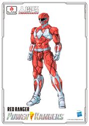  1boy arms_at_sides character_name clenched_hands company_name copyright_name flame_toys full_body hasbro helmet kuramochi_kyouryuu logo looking_ahead male_focus mighty_morphin_power_rangers official_art power_rangers red_ranger solo standing tokusatsu white_background 