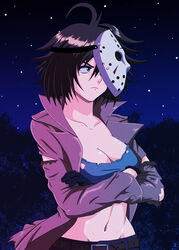  1980s_(style) absurdres ahoge arkan54 bishoujo_terror black_gloves breasts brown_coat brown_eyes brown_hair coat commentary_request crossed_arms female forest friday_the_13th frown genderswap_(mtf) gloves highres hockey_mask jacket jason_voorhees jason_voorhees_(kotobukiya_bishoujo) kotobukiya_bishoujo mask mask_on_head mask_over_one_eye medium_breasts nature photoshop_(medium) retro_artstyle rule_63 serious shirt sky solo star_(sky) starry_sky toned torn_clothes torn_jacket torn_shirt 