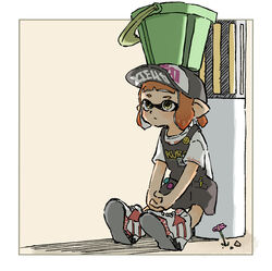  apron badge baseball_cap black_apron bucket bucket_on_head button_badge closed_mouth female flower full_body hat highres inkling inkling_girl inkling_player_character interlocked_fingers name_tag nishikuromori object_on_head orange_hair own_hands_together pen pink_flower pocket pointy_ears shirt shoes short_hair short_sleeves smiley_face sneakers solo splatoon_(series) splatoon_2 tentacle_hair tri-slosher_(splatoon) white_footwear white_shirt yellow_eyes 