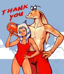  2019 ahsoka_tano alien alien_girl baywatch_(cosplay) baywatch_(franchise) breasts cleavage clone_wars crossover duo female gungan headband izra jar_jar_binks lifeguard male one-piece_swimsuit orange_skin public red_one-piece_swimsuit red_swimsuit rescue_buoy star_wars sunglasses swimsuit the_clone_wars:_season_seven togruta 