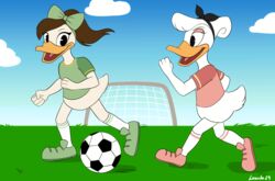  almanda_de_quack alternate_form alternate_universe anatid anseriform anthro avian avian_butt ball bird black_hair_bow bottomless bottomless_anthro bottomless_female brown_hair clothed clothing cloud cloudy_sky cousins_(lore) daisy_duck disney duck ducktales ducktales_(2017) duo eyeshadow female footwear green_clothing green_footwear green_hair_bow green_shirt green_shoes green_topwear hair hi_res long_hair lunula_(artist) makeup mascara open_mouth open_smile pantsless pantsless_anthro pantsless_female pink_clothing pink_eyeshadow pink_footwear pink_shirt pink_shoes pink_topwear shirt shirt_and_shoes_only shoes sky smile soccer soccer_ball soccer_goal soccer_jersey soccer_net soccer_player soccer_uniform sport sportswear sprinting topwear uniform white_hair 