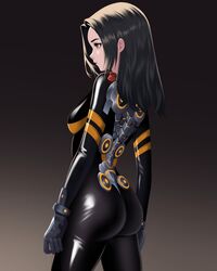  absurdres aldrich.art alternate_breast_size ass black_background black_bodysuit black_gloves black_hair bodysuit breasts brown_eyes closed_mouth english_commentary female from_side gloves gradient_background highres long_hair looking_ahead medium_breasts solo stellar_blade tachy_(stellar_blade) 