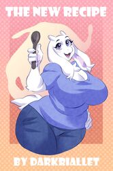  4_fingers absurd_res anthro big_breasts boss_monster_(undertale) bottomwear bovid breasts caprine cleavage clothed clothing cover cover_art cover_page curvy_figure cutlery darkriallet english_text female fingers floppy_ears fur hand_on_hip hand_on_own_hip hi_res huge_breasts kitchen_utensils long_ears mammal mature_anthro mature_female open_mouth pants purple_eyes shirt solo spoon tail text thick_thighs tools topwear toriel undertale_(series) voluptuous white_body white_fur wide_hips 