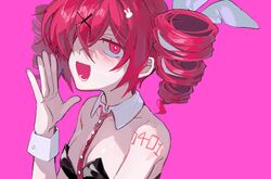  bare_shoulders black_leotard buttons detached_collar drill_hair female hair_ornament hand_up highres kasane_teto kasane_teto_(sv) leotard looking_at_viewer multicolored_hair number_tattoo open_mouth pink_background pink_eyes pink_hair rabbit_hair_ornament rabbit_hole_(vocaloid) samsap simple_background smile solo streaked_hair synthesizer_v tattoo twin_drills utau wrist_cuffs x_hair_ornament 