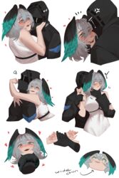  1other absurdres anger_vein arknights bare_shoulders black_gloves black_jacket blush breasts doctor_(arknights) dress fangs female gloves green_eyes grey_hair hair_between_eyes head_wings heart highres ho&#039;olheyak_(arknights) hood hooded_jacket hug hug_from_behind jacket najashi open_mouth short_hair simple_background snake_tail tail white_background white_dress wings 