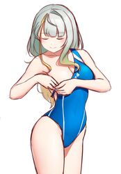  a.i._voice blue_one-piece_swimsuit braid braided_bangs closed_eyes clothes_pull commentary_request competition_swimsuit cowboy_shot dress_shirt facing_down female gradient_hair green_eyes grey_hair medium_hair multicolored_hair one-piece_swimsuit one-piece_swimsuit_pull shirt simple_background solo sparkling_yudofu swimsuit tsunose_kotone white_background 