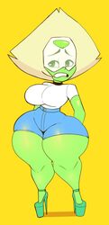  15:31 1girls alien alien_girl alien_humanoid ass big_ass big_breasts big_butt bimbo black_choker blonde_hair bottom_heavy breasts butt choker clenched_teeth clothed_female clothing color dongitos embarrassed eyebrows female female_only front_view full_body gem gem_(species) green_body green_eyes green_heels green_skin hands_behind_back high_heels hips hourglass_figure huge_ass huge_breasts huge_butt humanoid impossible_clothes impossible_clothing impossible_fit jean_shorts large_ass large_breasts large_butt peridot_(steven_universe) plain_background plump shadow shirt shoes short_sleeves shortstack skin_tight skindentation solo solo_female standing steven_universe t-shirt teeth thick thick_ass thick_thighs thighs thin_waist visor voluptuous white_shirt wide_hips yellow_background 