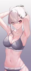  adjusting_hair ahoge armpits arms_up black_ribbon blunt_bangs bra brand_name_imitation breasts calvin_klein closed_mouth collarbone female gradient_background grey_background grey_bra grey_hair grey_panties grey_theme gurumyuu hair_ornament hair_over_one_eye hair_ribbon hairclip hashtag-only_commentary highres large_breasts long_hair looking_at_viewer mole mole_under_eye navel nijisanji panties parted_lips pink_eyes ponytail ribbon solo stomach sukoya_kana underwear underwear_writing virtual_youtuber x_hair_ornament 