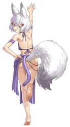  absurdres agemmata animal_ears arm_cuffs ass back bare_legs barefoot bra chains english_commentary fake_tail fangs feet female fingernails fox_ears fox_girl fox_tail full_body hair_ornament highres kneepits legs long_fingernails looking_at_viewer medium_hair pelvic_curtain phase_connect purple_bra purple_eyes purple_skirt revealing_clothes revision skirt smirk soles standing standing_on_one_leg tail tenma_maemi thick_eyebrows toenails toes turning_head underwear virtual_youtuber waist_cape white_background white_hair 