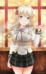  artist_name black_skirt blonde_hair blush bow bowtie breasts buttons closed_mouth female flower getsuei_(moonshadowp) green_eyes hair_flower hair_ornament highres jacket long_hair long_sleeves looking_at_viewer plaid plaid_skirt pleated_skirt red_flower red_rose rose school_uniform shirt shoujo_kageki_revue_starlight shoujo_kageki_revue_starlight_-re_live- skirt solo thighs wavy_hair white_shirt window yellow_jacket yumeoji_shiori 