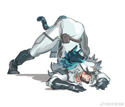  1boy alchemy_stars arched_back ass averting_eyes bara barton_(alchemy_stars) blue_eyes bored full_body hands_on_ground highres jack-o&#039;_challenge long_hair luboyaqqz male_focus scar scar_on_face scar_on_nose sharp_teeth solid_beard solo spread_legs tail teeth thighs tiger_tail top-down_bottom-up white_hair wide_spread_legs 