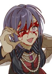  :3 bang_dream! bang_dream!_it&#039;s_mygo!!!!! bead_necklace beads black_vest blood blood_on_face commentary female half-heart_hands highres jewelry looking_at_viewer necklace one_eye_closed open_mouth purple_brooch purple_eyes purple_hair see-through see-through_sleeves short_hair simple_background solo upper_body vest white_background yui_k_(yuik48074789) yuutenji_nyamu 