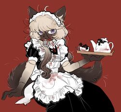  animal_ear_fluff animal_ears apron back_bow black_dress blonde_hair blood blood_on_clothes blood_on_face body_fur bow brown_fur brown_hair carcass cat_ears cat_girl cat_tail commentary_request creature cup dead_animal dress fangs feline female furry furry_female gradient_hair hair_over_shoulder highres holding holding_tray invisible_chair long_hair looking_at_viewer maid maid_headdress messy_hair mouse_(animal) mouth_hold multicolored_hair original puffy_short_sleeves puffy_sleeves purple_eyes rata_(norahasu) red_background short_sleeves siamese_cat simple_background sitting slit_pupils stitched_arm stitched_face stitches tail teacup teapot tiara_(norahasu) tray whiskers white_apron 