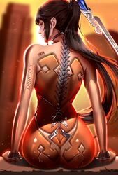  ass backlighting black_hair blunt_bangs blurry blurry_background bodysuit brown_bodysuit brown_eyes english_commentary eve_(stellar_blade) female from_behind hair_ornament highres long_hair looking_at_viewer mechanical_spine outdoors ponytail sitting skin_suit_(stellar_blade) skin_tight solo stellar_blade very_long_hair zd_mira 