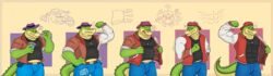  2024 absurd_res alligator alligatorid anthro bottomwear brok_(brok_the_investigator) brok_the_investigator clothing cowcat_games crocodilian cross-eyed drugs green_body growth guacandchips hat headgear headwear hi_res humanoid_hands hypnotic_eyes jock male muscle_growth musclegut muscular muscular_male pants pills reptile ringed_eyes scalie shirt shocked slightly_chubby solo topwear transformation transformation_by_substance transformed_clothing 