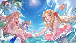  &gt;_&lt; 1other 3girls :d ahoge anger_vein animal_ear_fluff animal_ears anklet arm_strap arm_up ball beachball bikini bikini_skirt bird bird_girl blonde_hair blue_bikini blue_eyes blue_sky bracelet breasts chest_tattoo chinese_commentary closed_eyes cloud collarbone commentary_request copyright_name costume_request day dock facing_ahead feathered_wings filo_(tate_no_yuusha_no_nariagari) flat_chest floating_hair flower flower_bracelet flower_request food footwear_flower front-tie_bikini_top front-tie_top fruit hair_flower hair_intakes hair_ornament hand_up hands_up hat hibiscus highres in_water incoming_attack island jewelry knees_out_of_frame light_blush long_hair looking_ahead looking_at_viewer low_twintails medium_breasts melty_q_melromarc midriff monster multiple_girls navel official_art open_mouth outdoors outstretched_hand palm_tree partially_submerged pearl_hair_ornament pink_flower plumeria polka_dot polka_dot_bikini raccoon_ears raccoon_girl raccoon_tail raphtalia red_bikini red_eyes red_flower sandals short_hair_with_long_locks sidelocks sitting sky slave_brand smile stomach sun sun_hat sunflower swim_ring swimsuit tail tate_no_yuusha_no_nariagari tate_no_yuusha_no_nariagari_rerise tattoo thigh_strap tree twintails unworn_footwear unworn_sandals wading water watermelon watermelon_slice white_flower wing_hair_ornament wings yellow_flower 