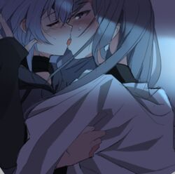  2girls bandaged_neck bandages black_bandages black_shirt blue_hair blush chief_(path_to_nowhere) closed_eyes commentary_request earrings eyepatch female_chief_(path_to_nowhere) french_kiss grey_hair hand_on_another&#039;s_face hecate_(path_to_nowhere) jewelry kissing korean_commentary long_hair multiple_girls one_eye_covered path_to_nowhere sappazell shirt sweat tongue upper_body white_shirt yuri 