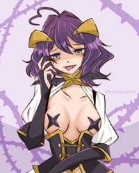  ahoge artist_name bat_brooch black_corset black_hair black_nails breastless_clothes breasts corset cross cross_facial_mark facial_mark fangs female fingernails forward_facing_horns heart heart_ahoge hiiragi_utena horns i_(kotombre_0370) long_fingernails magia_baiser mahou_shoujo_ni_akogarete medium_breasts open_mouth pasties purple_eyes purple_pasties saliva short_hair shrug_(clothing) solo star_pasties symbol-shaped_pupils tongue tongue_out two-tone_eyes white_shrug wings yellow_eyes yellow_horns 