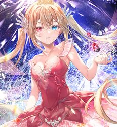  :d arm_at_side armpit_crease bare_shoulders blonde_hair blue_eyes breasts cleavage collarbone cowboy_shot dress eshi_100_nin_ten female fingernails floating gem grin hair_ornament heterochromia large_breasts long_hair looking_at_viewer miwabe_sakura open_hand open_mouth original red_dress red_eyes red_gemstone sidelocks sleeveless sleeveless_dress smile solo strap_slip teeth tiara twintails 