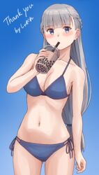  arm_at_side artist_name ass_visible_through_thighs bikini blue_background blue_bikini blue_eyes blunt_bangs blush braid breasts bubble_tea cleavage commentary commission cowboy_shot cup drink drinking_straw female fingernails gradient_background grey_hair half_updo halterneck hand_up highres holding holding_drink lawine_(sousou_no_frieren) long_hair looking_at_viewer low-tied_long_hair medium_breasts navel side-tie_bikini_bottom simple_background skeb_commission solo sousou_no_frieren stomach straight_hair string_bikini swimsuit syagare thank_you very_long_hair 