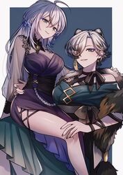  2girls ahoge blue_eyes breasts cleavage double_bun earrings grey_hair hair_bun hair_over_one_eye hand_on_another&#039;s_shoulder hand_on_another&#039;s_waist highres jewelry kunai_nakasato large_breasts long_hair looking_at_viewer miaochan_zzz mole mole_under_mouth multicolored_hair multiple_girls nijisanji nijisanji_en short_hair sitting sitting_on_lap sitting_on_person smile streaked_hair tattoo victoria_brightshield virtual_youtuber 