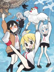  4girls agoshi_sakina ahoge arms_up bird black_eyes black_hair black_pantyhose black_sailor_collar black_serafuku black_skirt black_socks blonde_hair blue_eyes blue_sky blush book braid brown_cardigan cardigan chicken cloud cloudy_sky commission crow falling_feathers feathers glasses grey_hair grin highres holding holding_book holding_string kibisake leg_up light_blush loafers long_hair long_sleeves looking_at_viewer looking_down loose_socks multiple_girls neck_ribbon null-meta open_cardigan open_clothes open_mouth owl pantyhose pigeon-toed pleated_skirt reading red-framed_eyewear red_ribbon red_socks ribbon sailor_collar school_uniform seagull serafuku shirt shoes short_hair skeb_commission skirt sky smile socks souen_chiaki string sweatdrop takada_shiyuki uozumi_kurumi v-shaped_eyebrows white_hair white_shirt white_socks yellow_eyes 