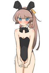  absurdres animal_ears bare_legs black_bow black_bowtie black_leotard blue_eyes bow bowtie breasts brown_hair cleavage cowboy_shot detached_collar embarrassed female gradient_hair hair_ribbon highres kantai_collection kazagumo_(kancolle) leotard long_hair multicolored_hair playboy_bunny ponytail rabbit_ears ribbon simple_background small_breasts solo strapless strapless_leotard tsuru_(thunder_tsuru) white_background 