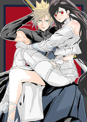  1boy arm_up artist_name asymmetrical_clothes asymmetrical_legwear bare_shoulders belt belt_buckle black_gloves black_hair blonde_hair blue_eyes buckle closed_mouth cloud_strife cloud_strife_(murasame) commentary_request couple crop_top crossed_legs earrings elbow_gloves feather_earrings feathers feet_out_of_frame female final_fantasy final_fantasy_vii final_fantasy_vii_ever_crisis final_fantasy_vii_remake frilled_shirt frills from_side gloves hakama hakama_pants highres holding holding_sword holding_weapon japanese_clothes jewelry katana long_hair long_skirt long_sleeves looking_at_viewer looking_to_the_side low-tied_long_hair midriff nikuya_(nikuya888) off-shoulder_shirt off_shoulder official_alternate_costume pants parted_lips red_eyes samurai shirt shoulder_pads side_slit single_earring single_pantsleg sitting sitting_on_lap sitting_on_person skirt sleeveless sleeveless_shirt smile spiked_hair straight sword thigh_belt thigh_strap tifa_lockhart tifa_lockhart_(feather_style) turtleneck twitter_username very_long_hair weapon white_feathers white_footwear white_gloves white_pants white_skirt 