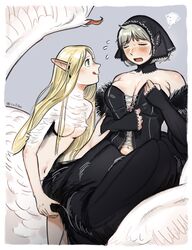  2girls black_dress blonde_hair blush breasts co1fee cosplay costume_switch cross-laced_clothes dress dungeon_meshi falin_touden falin_touden_(chimera) feathers flying_sweatdrops grey_hair highres interspecies large_breasts long_hair marcille_donato marcille_donato_(cosplay) marcille_donato_(lord) medium_breasts monster_girl monsterification muffin_top multiple_girls plump role_reversal spoilers squiggle white_feathers wings yuri 