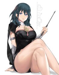  1girls ass bare_legs being_watched black_panties blue_hair byleth_(fire_emblem) byleth_(fire_emblem)_(female) cleavage crossed_legs female fire_emblem fire_emblem:_three_houses j@ck large_breasts low_cut_top nintendo nosebleed panties question smile thick_thighs thighs 