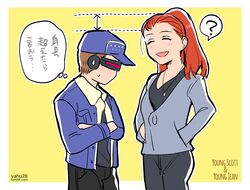  1boy ? baseball_cap brown_hair character_name commentary_request cyclops_(x-men) female hat head-mounted_display height_difference jean_grey jewelry marvel necklace ponytail red_hair spoken_question_mark thought_bubble translation_request tumblr_username x-men x-men:_apocalypse yafu_(yahuxx28) 