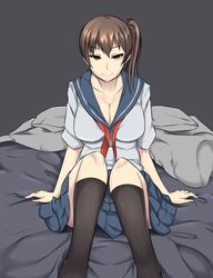  alternate_costume bad_id bad_pixiv_id bed breasts brown_hair cleavage commentary english_commentary female highres kaga_(kancolle) kantai_collection large_breasts looking_at_viewer naughty_face school_uniform serafuku side_ponytail sitting skirt smile solo wangphing yellow_eyes 