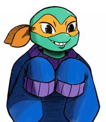  2018 anthro bandana bite biting_lip biting_own_lip box_turtle clothed clothing hi_res inkyfrog kerchief long_sleeves male mask michelangelo_(rottmnt) michelangelo_(tmnt) orange_eyes ornate_box_turtle oversized_sleeves reptile rise_of_the_teenage_mutant_ninja_turtles scalie self_bite shell simple_background sleeves_past_wrists smile solo sweater teenage_mutant_ninja_turtles tooth_gap topwear turtle white_background 